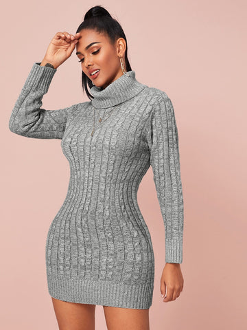 Turtleneck Cable Knit Bodycon Jumper Dress