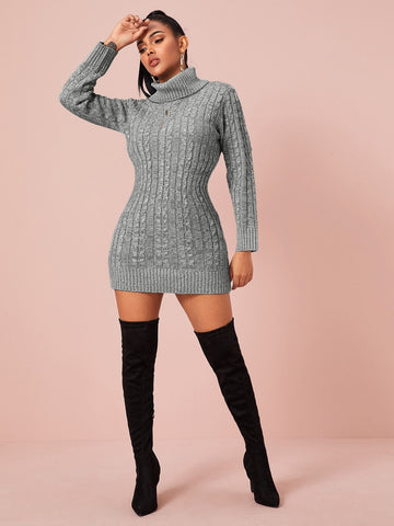 Turtleneck Cable Knit Bodycon Jumper Dress