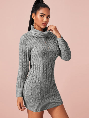 Turtleneck Cable Knit Bodycon Jumper Dress