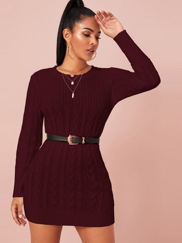 Solid Cable Knit Bodycon Jumper Dress Without Belt