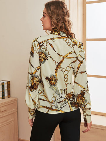 Chain Print Tie Neck Blouse