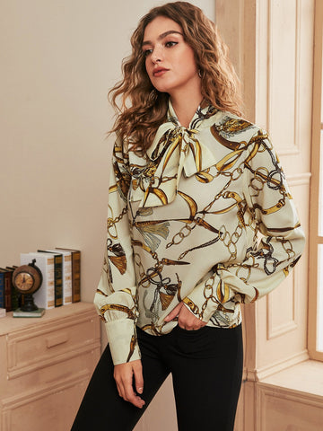 Chain Print Tie Neck Blouse