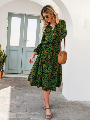 Leopard Print Blouson Shirt Dress