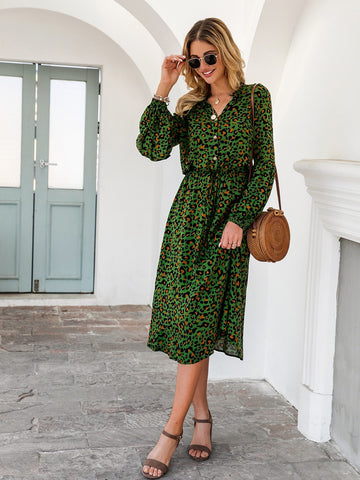 Leopard Print Blouson Shirt Dress