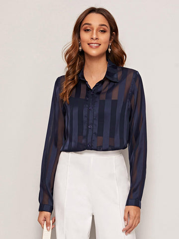 Solid Button Through Sheer Satin Blouse