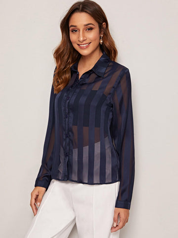 Solid Button Through Sheer Satin Blouse
