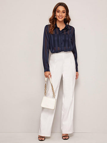 Solid Button Through Sheer Satin Blouse