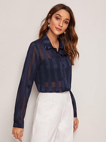Solid Button Through Sheer Satin Blouse
