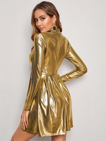 Mock Neck Zip Back Metallic A-line Dress