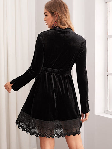 Contrast Lace Scallop Hem Belted Velvet Dress