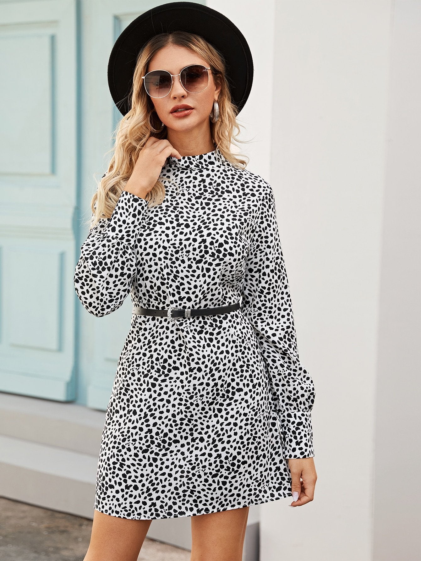 Cheetah Print Mock Neck Belted Dress Without Belt