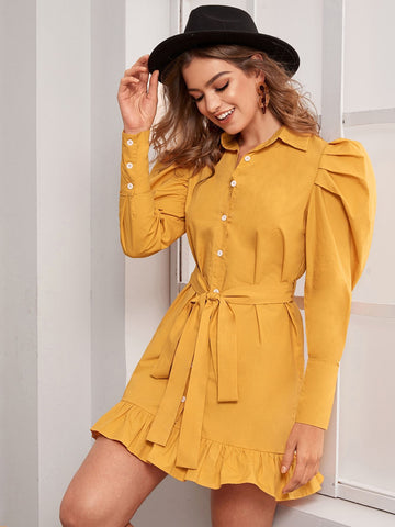 Puff Sleeve Ruffle Hem Belted Shirt Dress