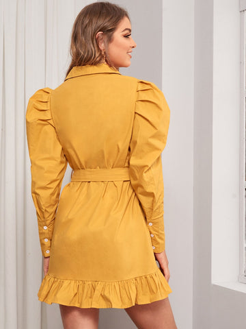 Puff Sleeve Ruffle Hem Belted Shirt Dress