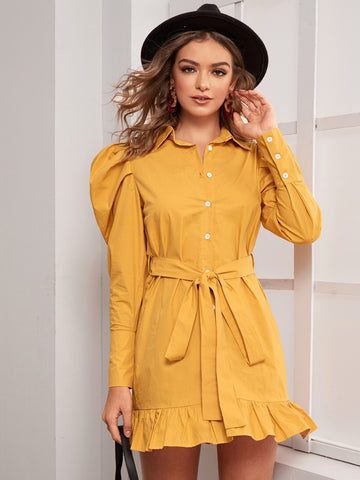 Puff Sleeve Ruffle Hem Belted Shirt Dress