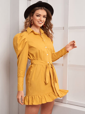 Puff Sleeve Ruffle Hem Belted Shirt Dress
