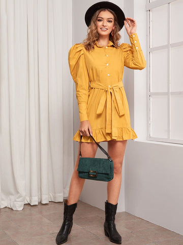 Puff Sleeve Ruffle Hem Belted Shirt Dress