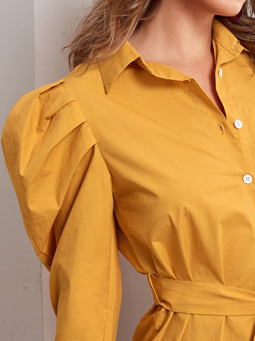 Puff Sleeve Ruffle Hem Belted Shirt Dress