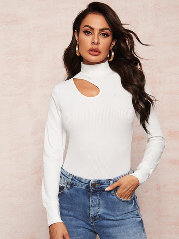 Solid High Neck Cut Out Ribbed Tee