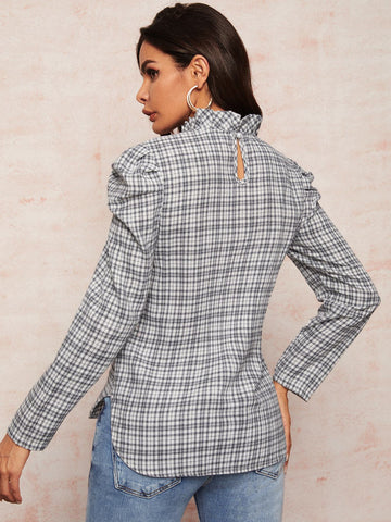 Frill Plaid Puff Sleeve Blouse