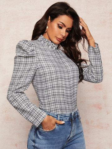 Frill Plaid Puff Sleeve Blouse