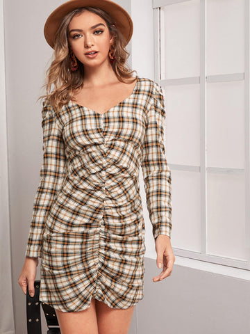 Plaid Ruched V-Cut Back Dress