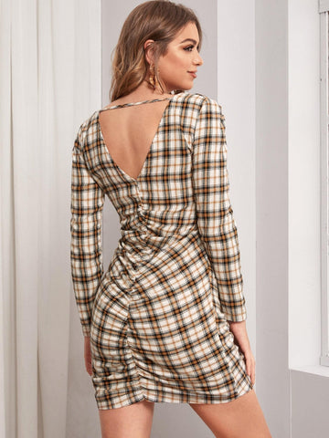 Plaid Ruched V-Cut Back Dress