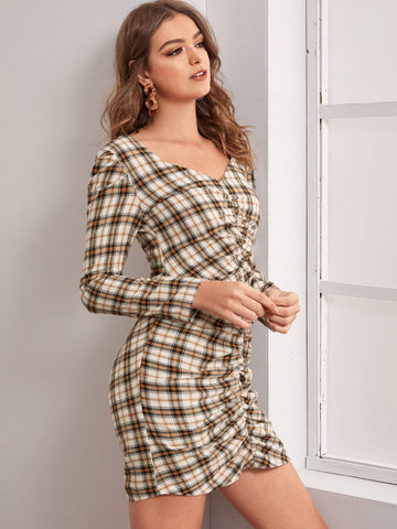 Plaid Ruched V-Cut Back Dress