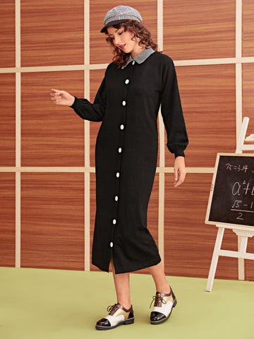 Contrast Collar Button Front Jumper Dress