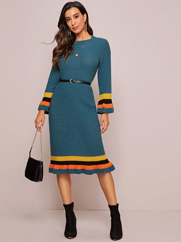 Ruffle Hem Rib-knit Striped Jumper Dress Without Belt