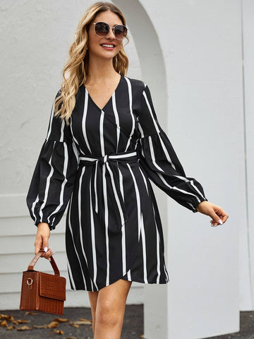 Wrap Front Striped Belted Dress