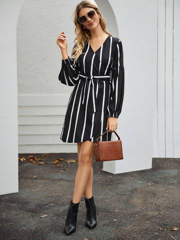 Wrap Front Striped Belted Dress
