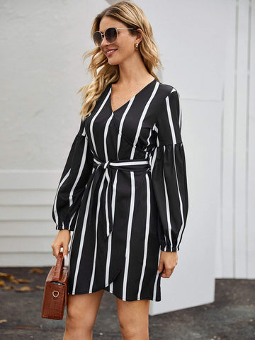 Wrap Front Striped Belted Dress