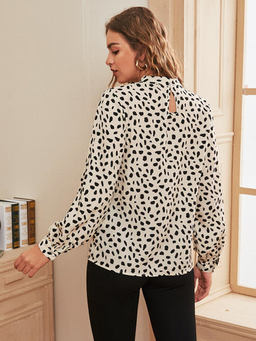 Mock Neck Keyhole Back Dalmatian Print Top