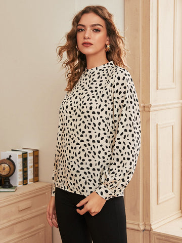 Mock Neck Keyhole Back Dalmatian Print Top