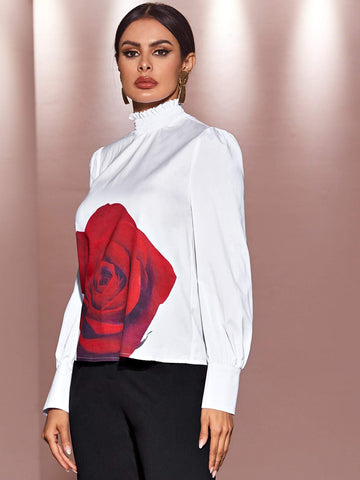 Frill Trim Shirred Neckline Floral Print Top