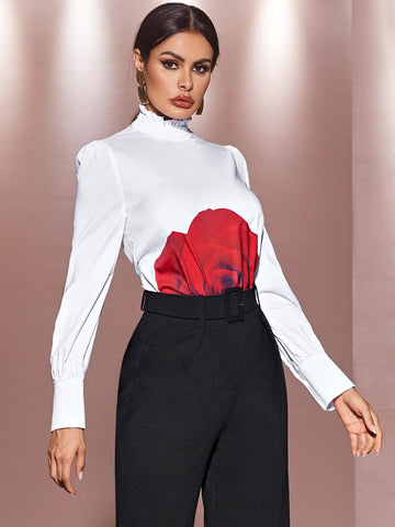 Frill Trim Shirred Neckline Floral Print Top
