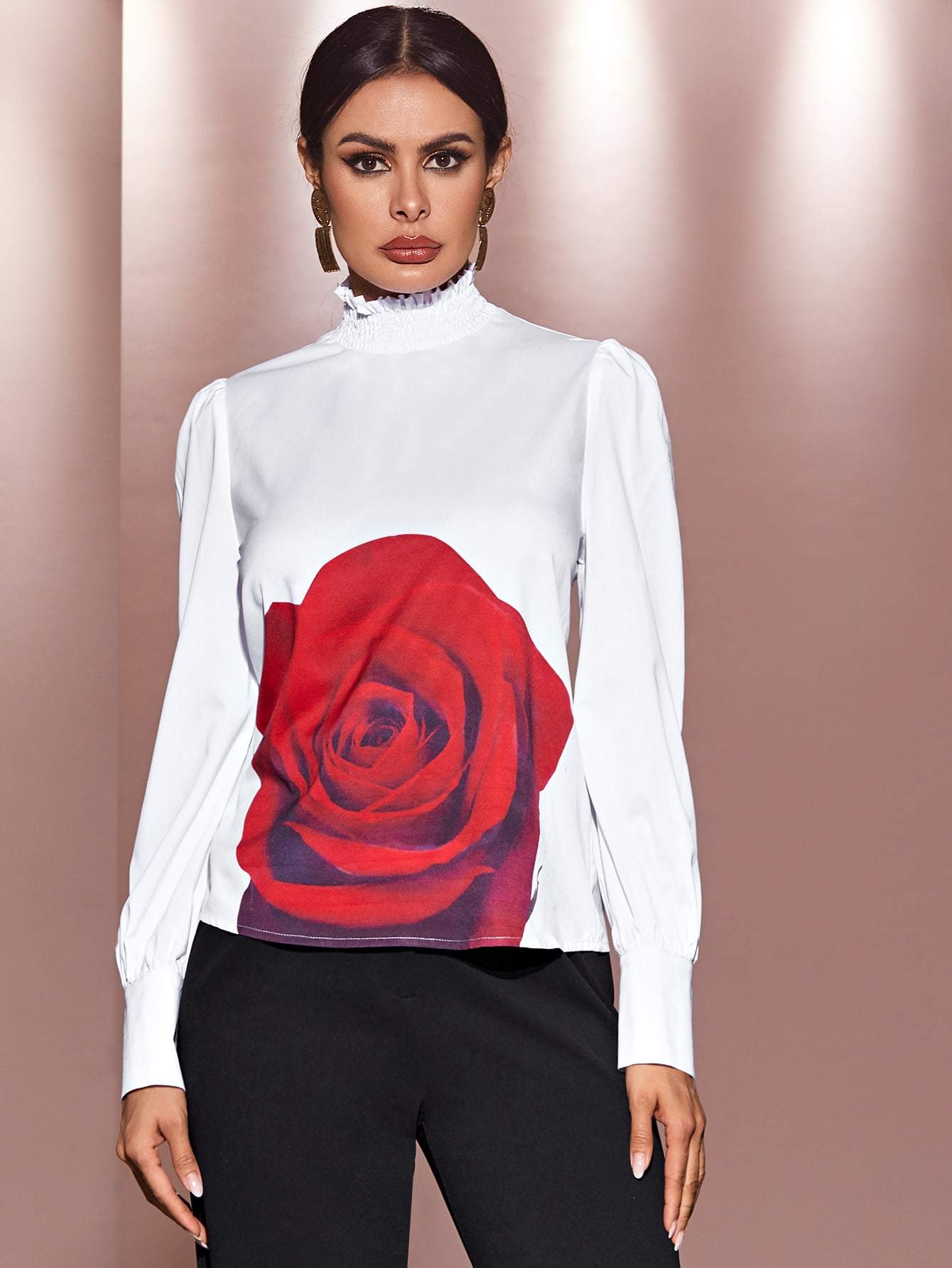 Frill Trim Shirred Neckline Floral Print Top
