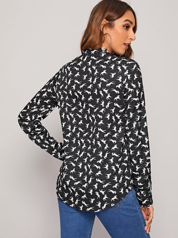 Allover Horse Print Single Pocket Blouse