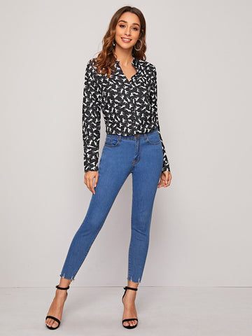 Allover Horse Print Single Pocket Blouse