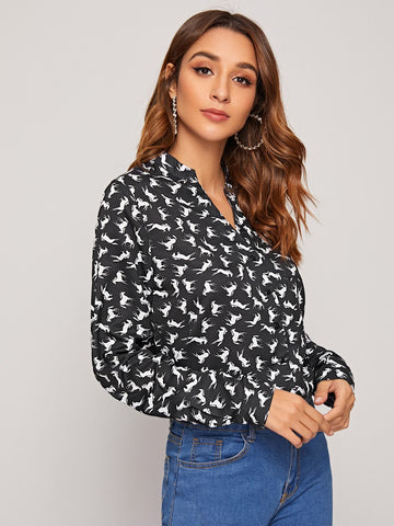 Allover Horse Print Single Pocket Blouse