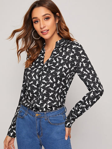 Allover Horse Print Single Pocket Blouse