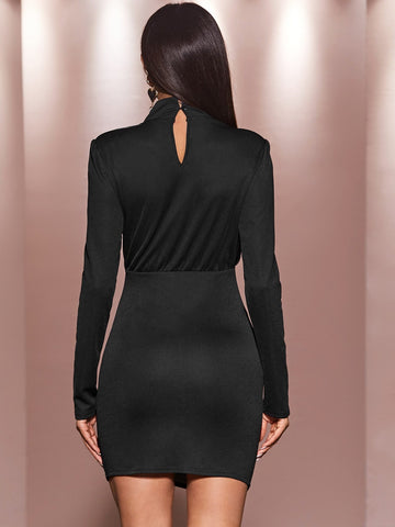 High Neck Rhinestone Detail Bodycon Dress