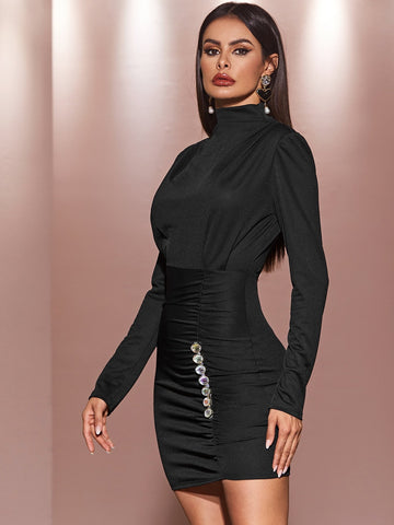 High Neck Rhinestone Detail Bodycon Dress