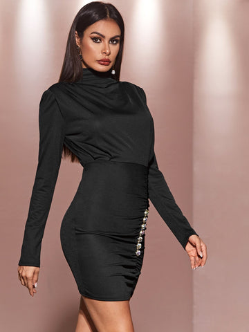 High Neck Rhinestone Detail Bodycon Dress