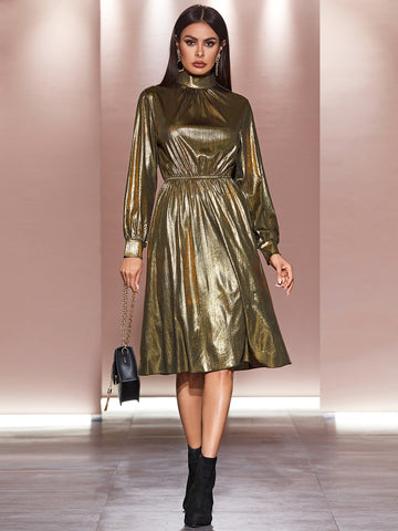 Mock Neck Metallic A-line Dress