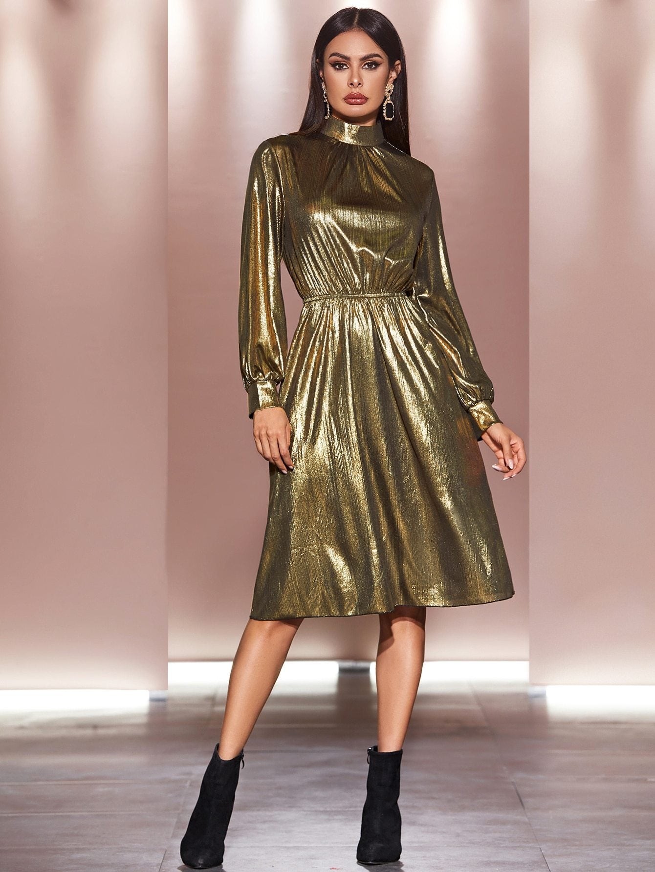 Mock Neck Metallic A-line Dress
