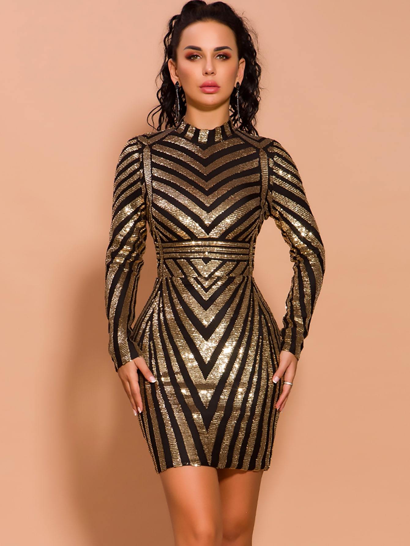 Missord Mock Neck Geo Sequin Bodycon Dress