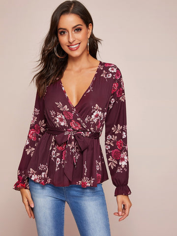 Floral Print Belted Peplum Top