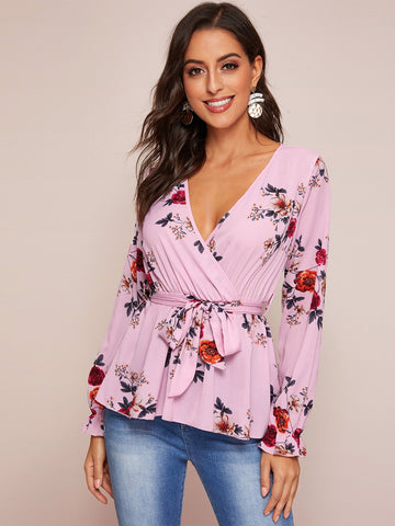 Floral Print Belted Peplum Top