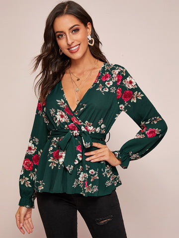 Floral Print Belted Peplum Top